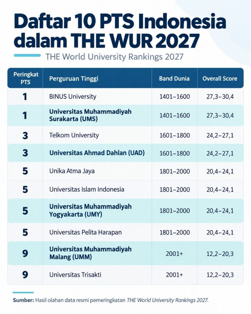 Daftar10 PTS Terbaik Indonesia versi THE WUR 2027